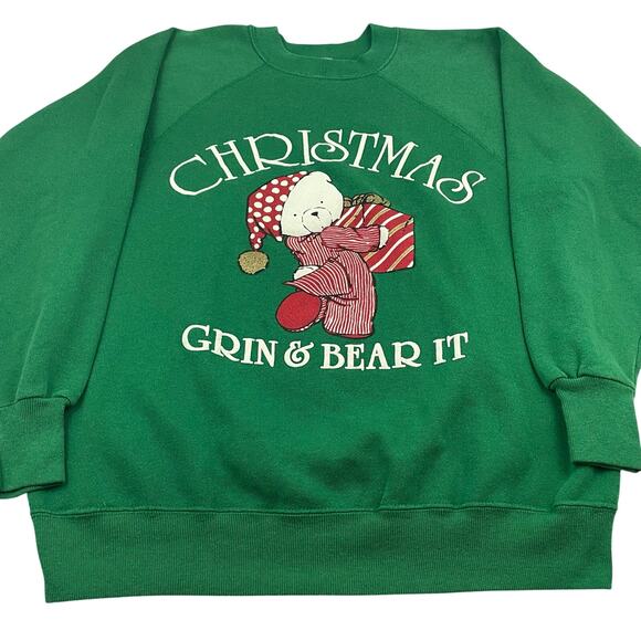 VTG 90s Ultra Sweats Green Christmas Teddy Bear Sweatshirt Size XL, Made in USA - Picture 1 of 7
